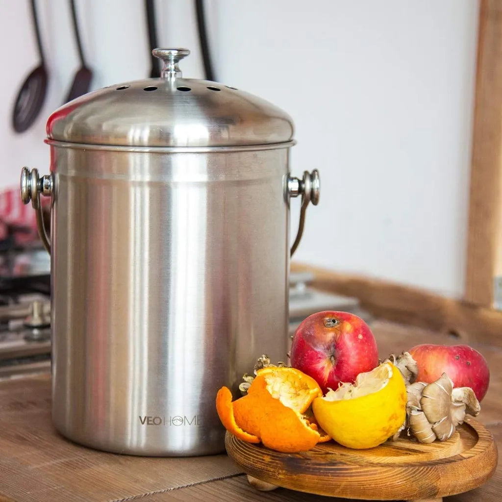  Komposteimer Küchen-Kompostbehälter VeoHome Mit Aktivkohlefilter (5L) - Rostfreier Edelstahl, 100% Luftdicht, Um Geruch Aus Organischen Lebensmittelresten Zu Hause