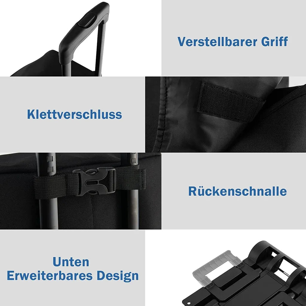  COSTWAY 2in1 Einkaufswagen & Trolley Mit 38L-Fassungsvermögen, 3-stufig Höhenverstellbarer Einkaufsroller Mit 2 Rädern & 2 Seitentaschen & Reißverschlusstasche, Bis 60kg Belastbar Schwarz
