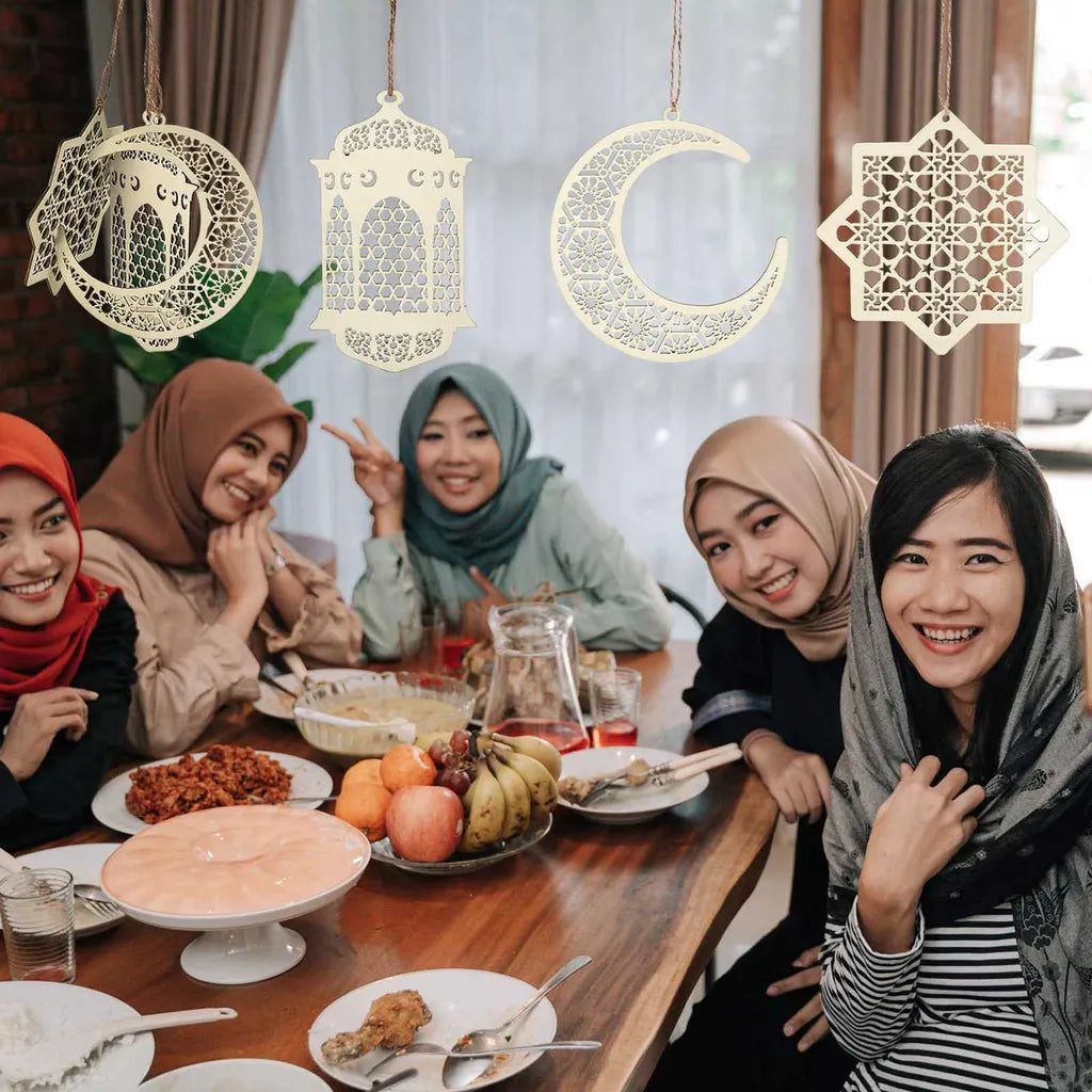  4 Stücke Holz Anhänger Ornament Ramadan Mubarak Eid Kareem Dekoration Mond Sterne Wind Licht Form Anhänger Ornament Für Ramadan Dekorationen