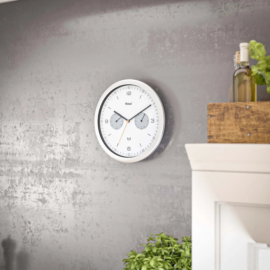  Mebus Funk-Wanduhr Mit Thermometer Und Hygrometer / Quarz-Uhrwerk / 26 Cm Durchmesser / Rund