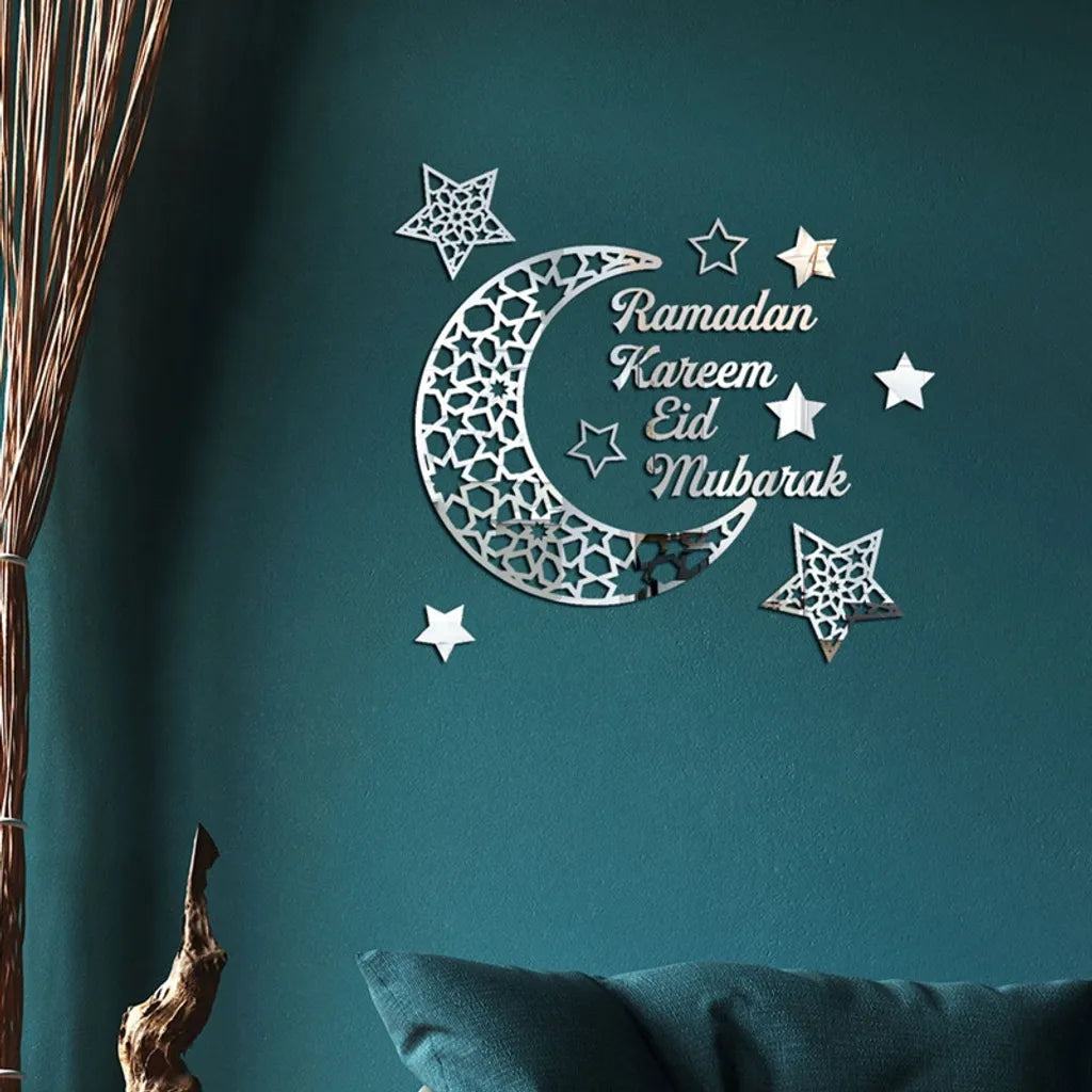  Ramadan Kareem Aufkleber Dekorationen Wand Eid Mubarak Eid Al Adha Mond Und Stern Aufkleber Islamische Spiegeldekoration（Silver）