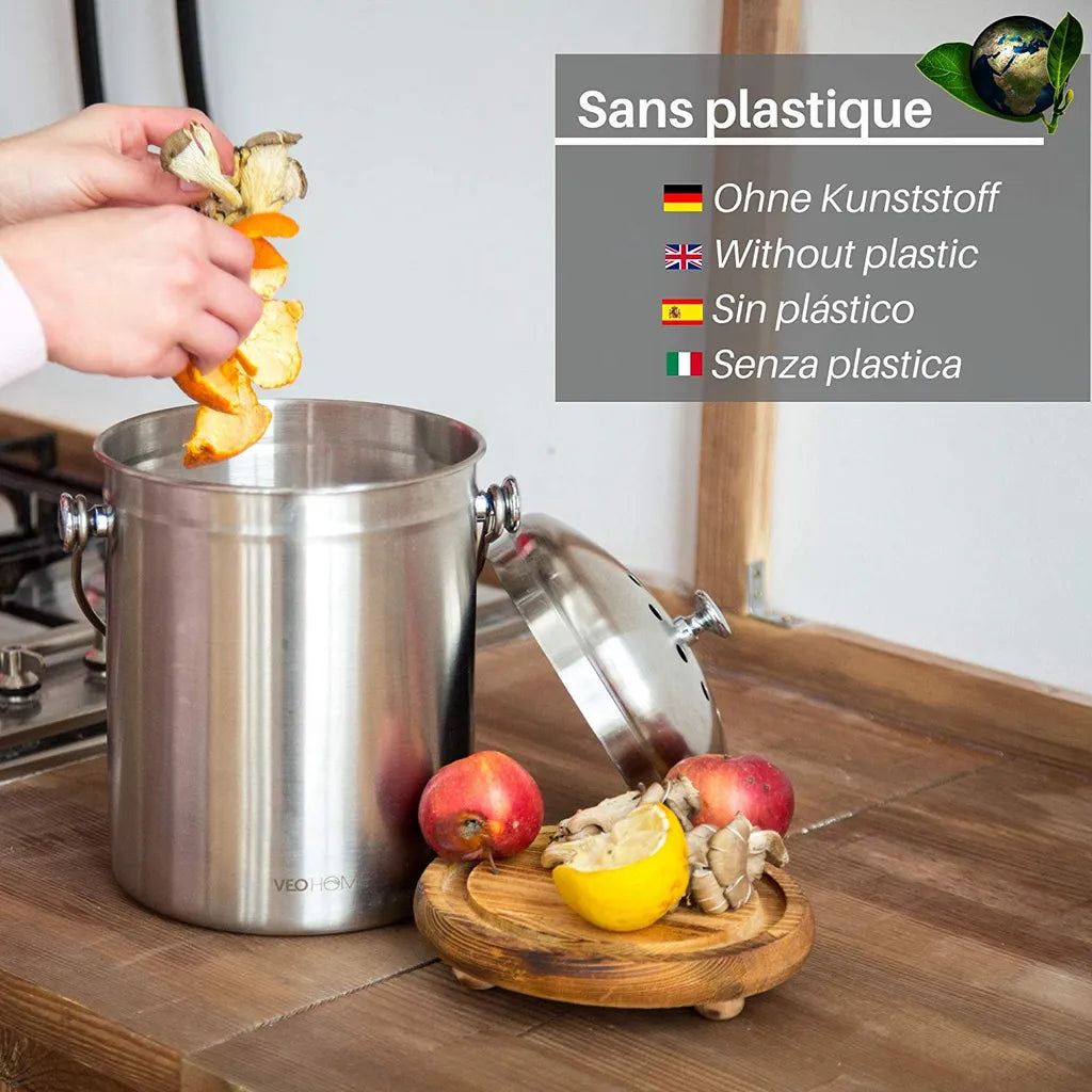  Komposteimer Küchen-Kompostbehälter VeoHome Mit Aktivkohlefilter (5L) - Rostfreier Edelstahl, 100% Luftdicht, Um Geruch Aus Organischen Lebensmittelresten Zu Hause