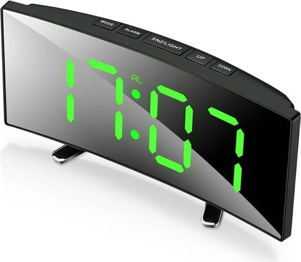  Digitaler Wecker Uhr Mit LED Gebogener Spiegel Großer , USB Stiller Wecker Mit Temperatur- Und Schlummermodus, Harz, Grün