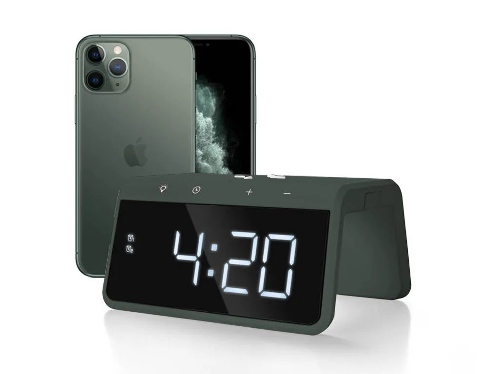  Caliber Digitaler Wecker Mit Drahtlosem Ladegerät - Dualer Wecker Mit Wecklicht - Mitternachtsgrün (HCG019QI-MG)