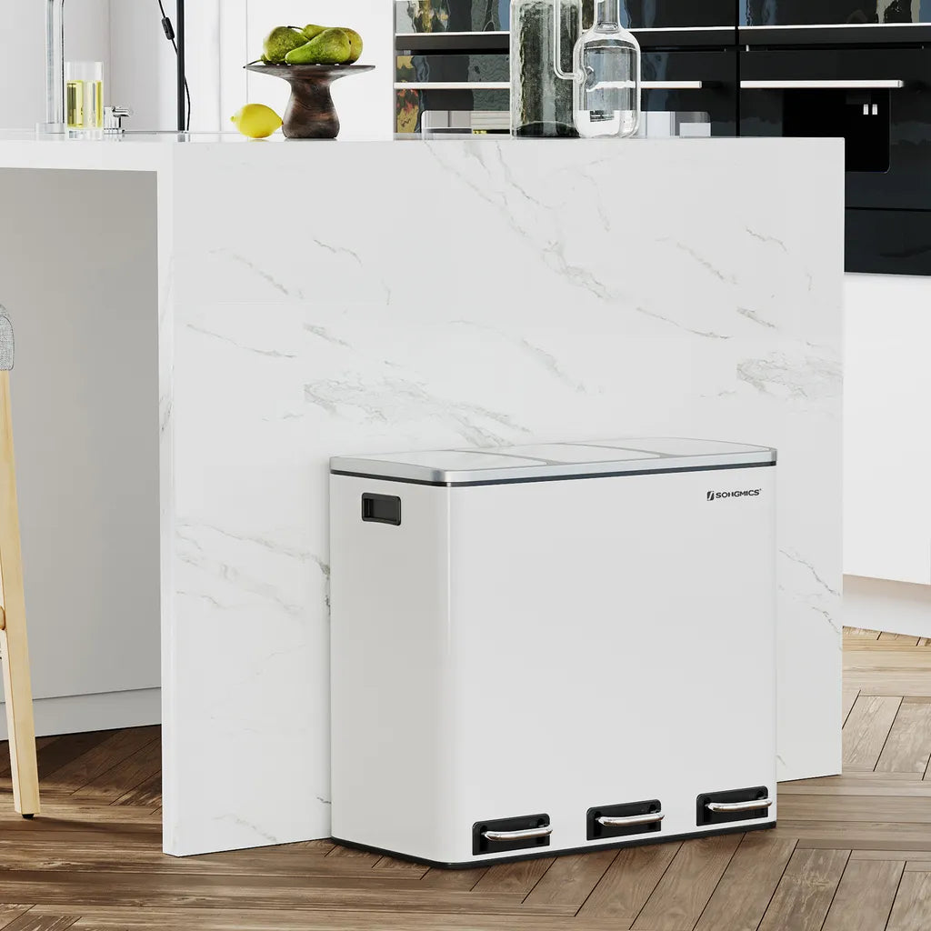  SONGMICS Mülleimer 54L Treteimer Mit 3 Fächern 3 X 18L Abfalleimer Softclose Mülltrennsystem Mit Fußpedalen Weiß LTB54WT