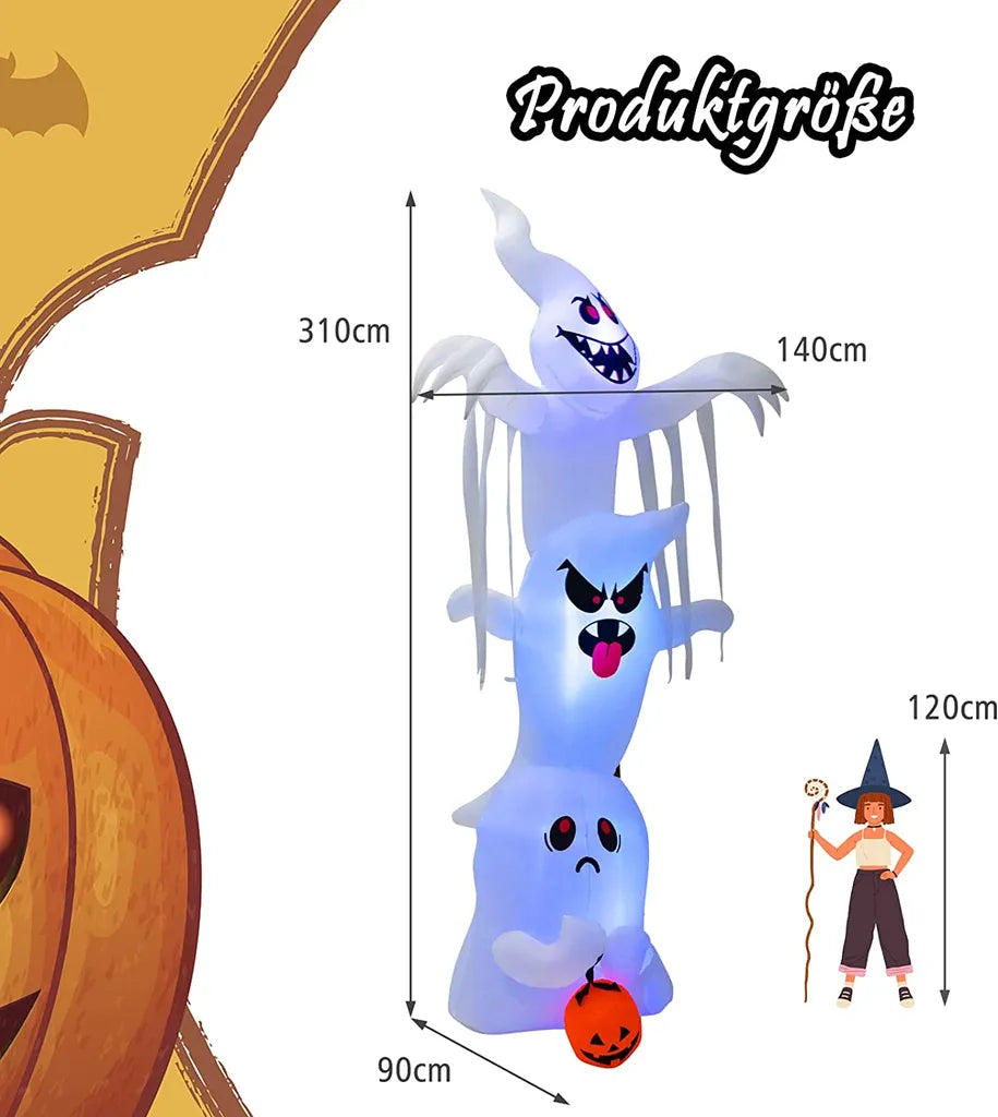  COSTWAY Gestapelte Geister Mit Bunten Lichtern Aufblasbar 310cm Lang, Riesige Gespenst Mit Kürbis, Halloween-Dekoration Für Halloweenparty, Hof & Outdoor
