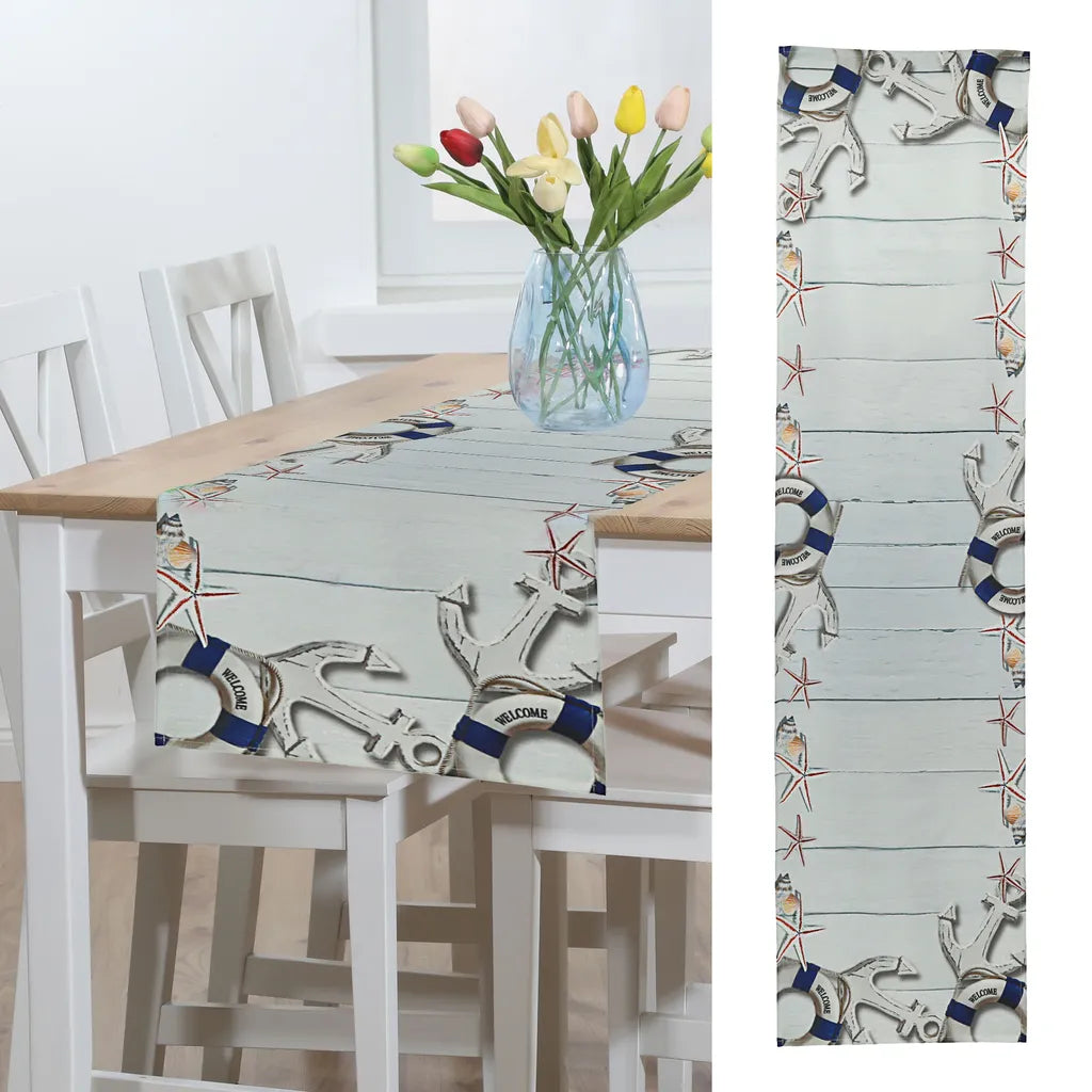  Tischläufer "Maritim" 40x160cm Decke Motivdecke Anker Seestern Schwimmring Tischtuch Tafeldecke