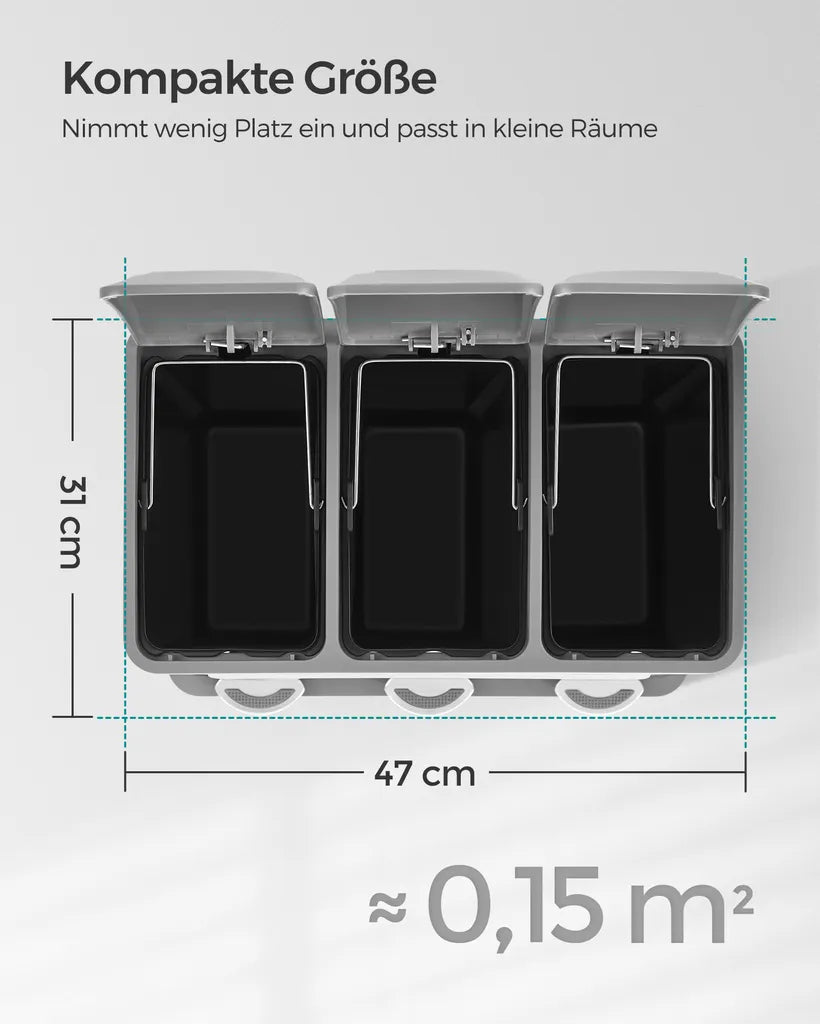  SONGMICS Mülleimer Für Die Küche, 3 X 8 Liter, Abfalleimer Aus Metall, 3-in-1 Treteimer, Mülltrennung, Mülltrennsystem, Mit 15 Müllsäcken, Einfach Zu Reinigen, Stahl, Weiß-grau LTB24WT
