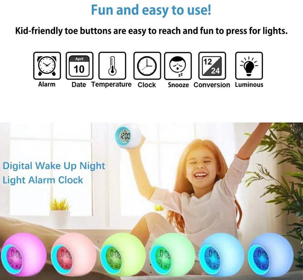  Digitaler Wecker Kinder, LED Kinderwecker 7 Farben Nachtlicht Lichtwecker Schlummerfunktion Für Mädchen Jungen