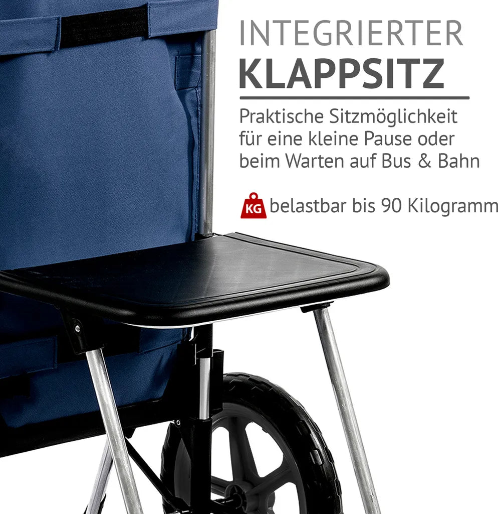  Einkaufstrolley FAJENA In Blau Mit Kühlfach, Ausklappbarem Sitz & Großen, Abnehmbaren Rädern