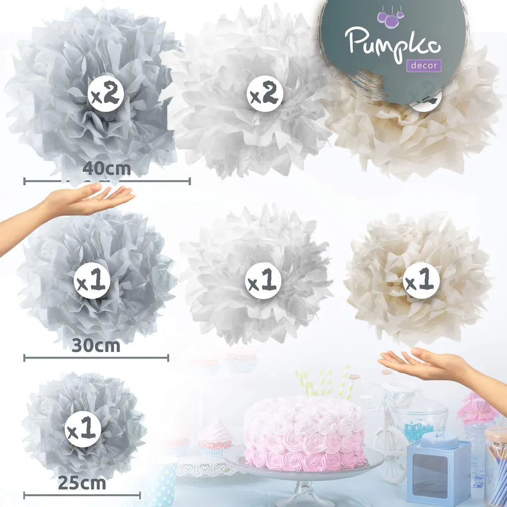  Pumpko® Decor 10 Seidenpapier Pompons | Champagner Hellgrau Weiß Deko Für Party Hochzeit |Ponpon