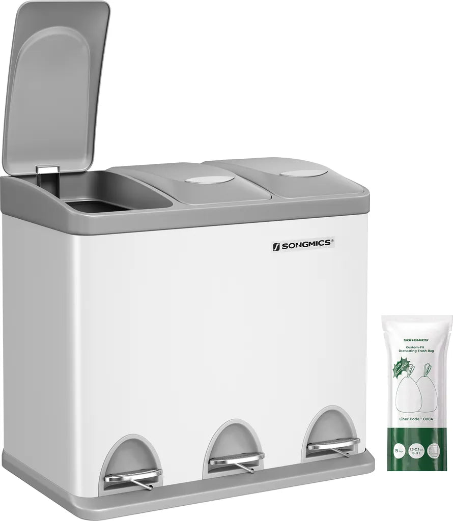 SONGMICS Mülleimer Für Die Küche, 3 X 8 Liter, Abfalleimer Aus Metall, 3-in-1 Treteimer, Mülltrennung, Mülltrennsystem, Mit 15 Müllsäcken, Einfach Zu Reinigen, Stahl, Weiß-grau LTB24WT