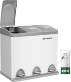  SONGMICS Mülleimer Für Die Küche, 3 X 8 Liter, Abfalleimer Aus Metall, 3-in-1 Treteimer, Mülltrennung, Mülltrennsystem, Mit 15 Müllsäcken, Einfach Zu Reinigen, Stahl, Weiß-grau LTB24WT
