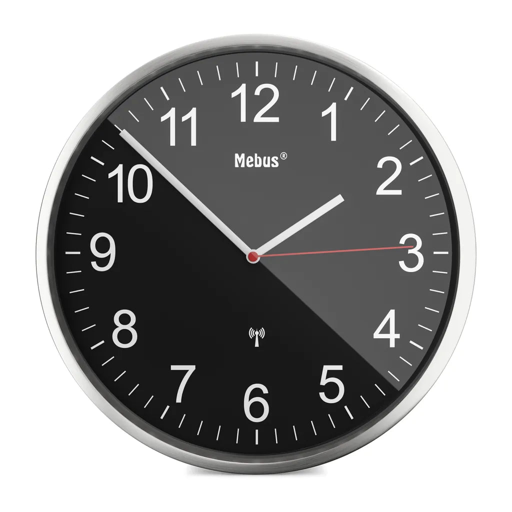  Mebus Funkwanduhr, Wanduhr Groß, Funkuhr Modern, Aluminium-Rahmen Mit Gut Ablesbaren Ziffern, Bahnhofsuhr, Wohnzimmer, Büro, Farbe: Silber/Schwarz, Durchmesser 30 Cm, Modell: 19578