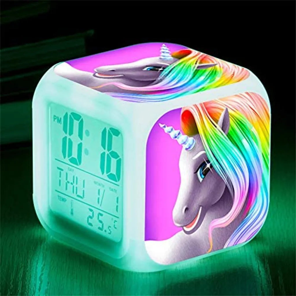  Unicorn Digital Alarm Clocks For Girls, Bright Night LED LCD Cube With Light Children Wake Up Bedside Clock Birthday Gifts For Kids Women Adult Bedroom