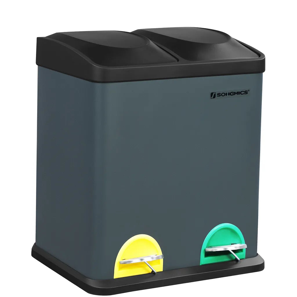  SONGMICS Mülleimer 30 Liter, Mülltrennung, 2 X 15 Liter, Abfalleimer, Treteimer Mit Inneneimern, Farbigen Pedalen, Mülltrennsystem Für Die Küche, Rauchgrau-schwarz LTB30G