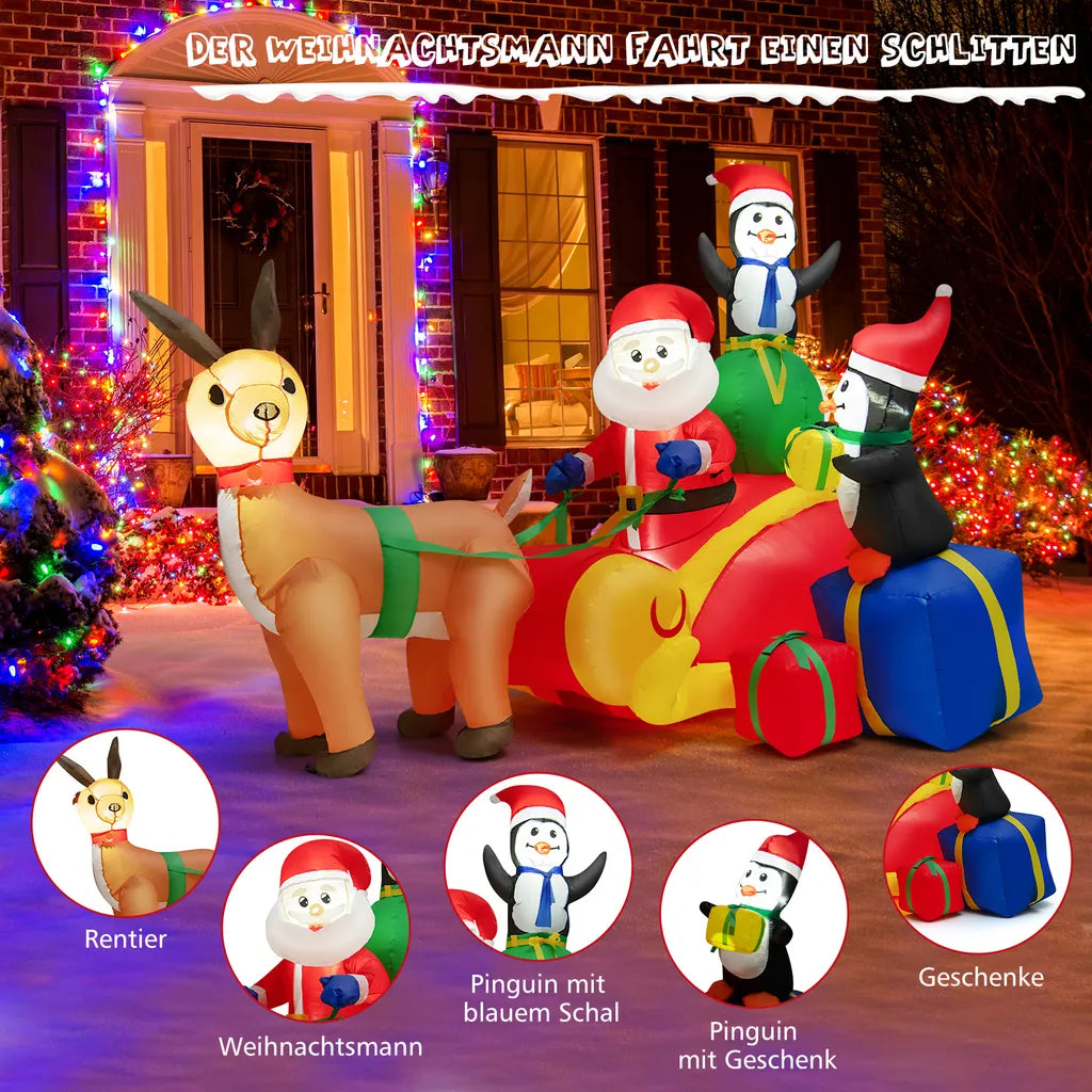  COSTWAY Aufblasbarer LED Weihnachtsmann Im Schlitten Mit 2 Pinguinen & Geschenken 180cm Lang, Weihnachtsdekoration Mit Wasserdichtem Gebläse Für Weihnachten