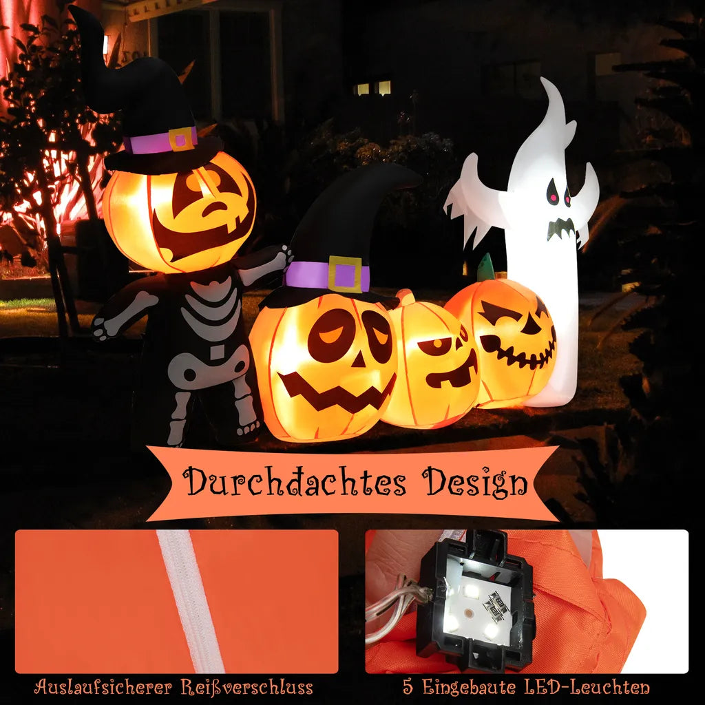  COSTWAY 226cm Aufblasbare Kürbis-Kombination LED Halloween-Dekoration Aufblasbar Mit Geister-, Skelett- & Hexenhüten Für Halloweenparty, Hinterhof & Garten