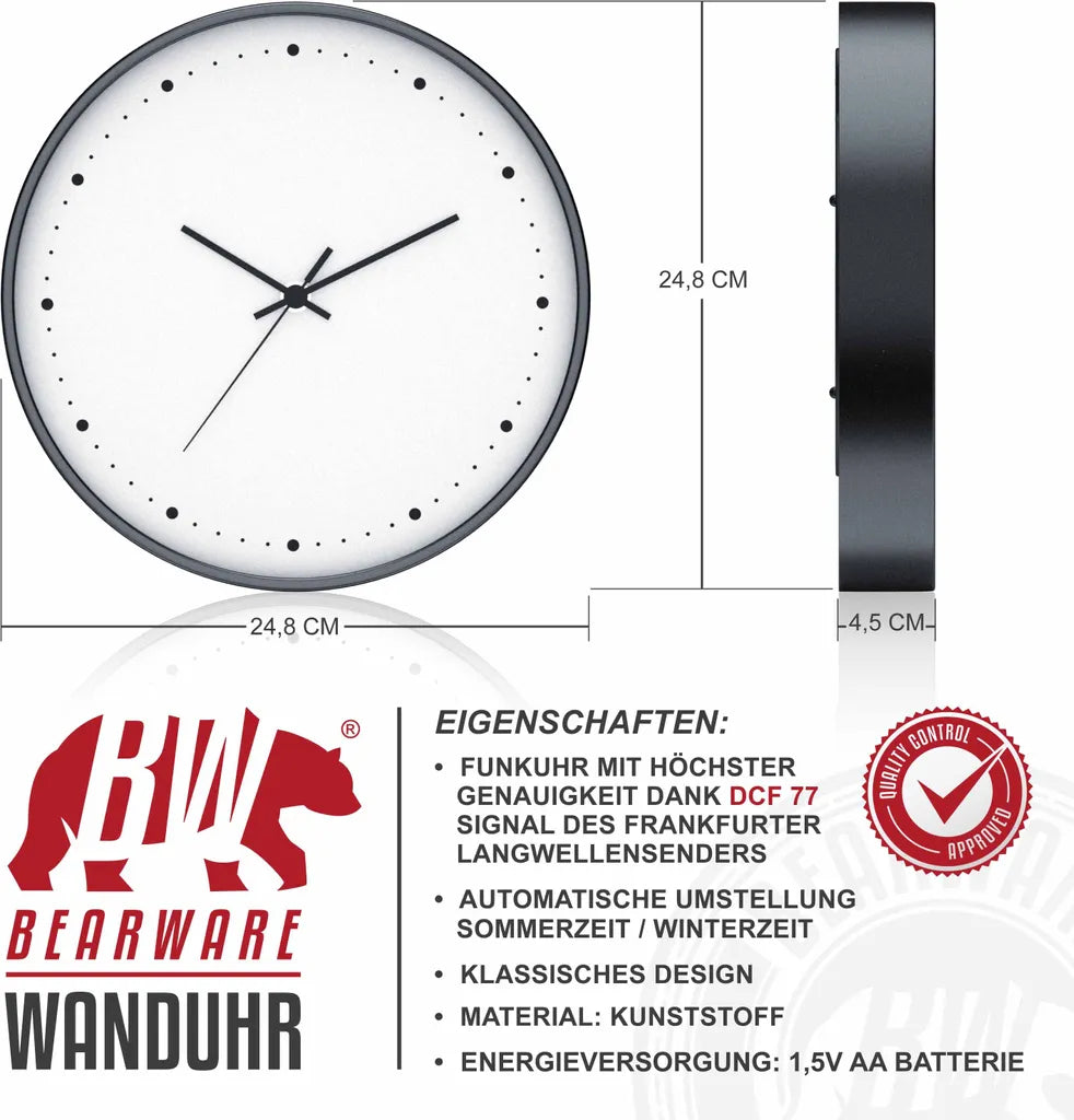  BEARWARE Wanduhr Rund Mit 24 Cm Durchmesser Analoge Anzeige - DCF-Signal - Batteriebetrieb