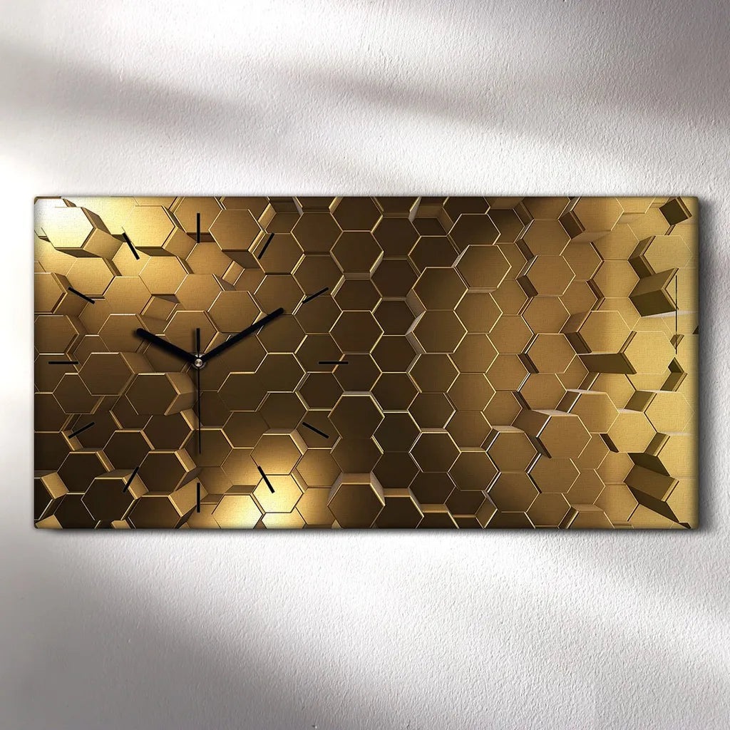  Küchenuhr Bürouhr Leinwand Uhr Geräuschlos 60x30 Abstrakte Kunst Hexagone - Schwarze Hände