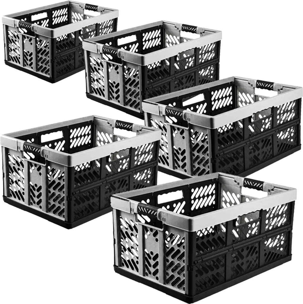  5-er Set - KLAPPBOX - Silber-Anthrazit - Faltbox Lagerbox Einkaufsbox 45 Liter 4 Griffe Aufbewahrungsbox Kunststoff Soft-Touch Softgriff Faltbox Set Klappbox Set NEU