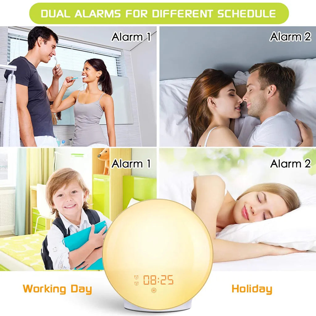  Lichtwecker LED Wake Up Light, Wecker Mit Sonnenaufgangssimulation, Tageslichtwecker FM Radio Wecker Mit Licht 7 Farben, 7 Wecktöne Wecker Kinder Alarm Clock Digital Uhr Nachtlicht Nachttischlampe [Energieklasse A++]