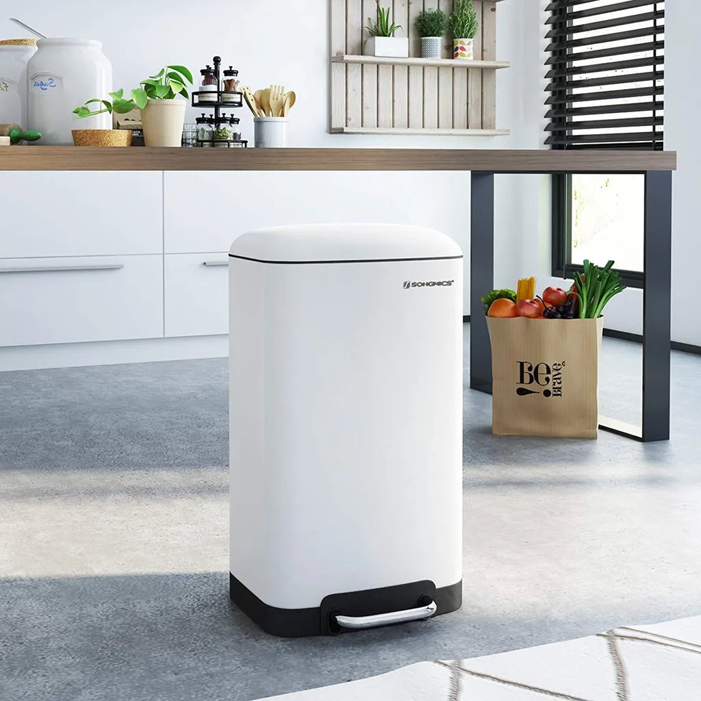  SONGMICS Mülleimer 30L Treteimer Weiß Edelstahl Für Küche Inneneimer Abfallbehälter Müllbehälter LTB01W