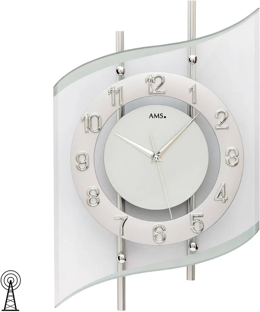  AMS 5506 Wanduhr Funk Funkwanduhr Analog Silbern Modern Geschwungen Mit Glas