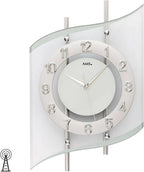  AMS 5506 Wanduhr Funk Funkwanduhr Analog Silbern Modern Geschwungen Mit Glas
