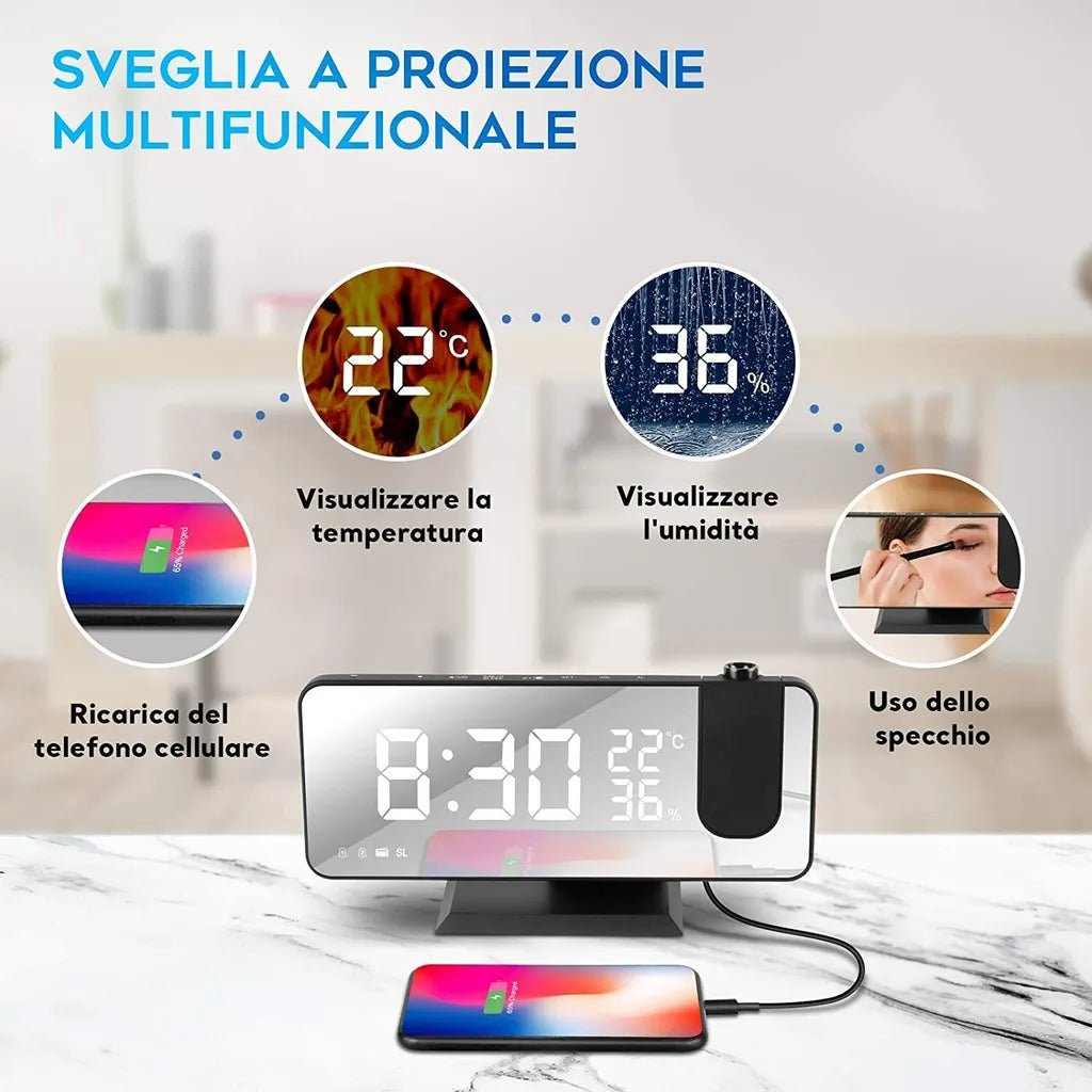  Projektionswecker, Led Digital Wecker Mit Projektion 180 °, Radiowecker Mit USB-Anschluss Großem LED-Anzeige Snooze Dual-Alarm, 4 Projektionshelligkeit Mit Automatischem Dimmer, 32FM Radio