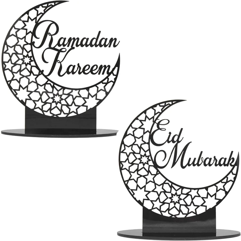  2x Ramadan Eid Mubarak Dekorationen Eid Mubarak Acryl Ornamente Mond Sterne,Muslim Festival Dekorationen, Schwarz