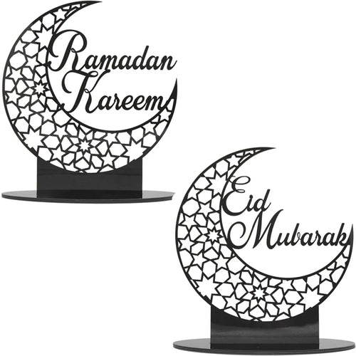  2x Ramadan Eid Mubarak Dekorationen Eid Mubarak Acryl Ornamente Mond Sterne,Muslim Festival Dekorationen, Schwarz