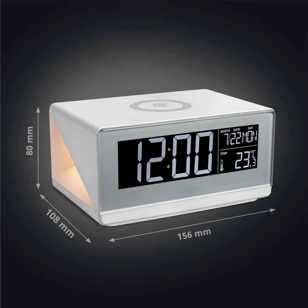  MEDION E75009 Wecker Mit Qi Ladefunktion (Weckstation, Ladestation, Induktives Laden, Temperaturanzeige, Snooze Schlummerfunktion, Timer, Displaydimmer) Silber