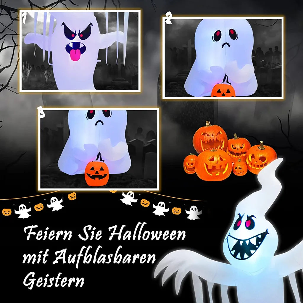  COSTWAY Gestapelte Geister Mit Bunten Lichtern Aufblasbar 310cm Lang, Riesige Gespenst Mit Kürbis, Halloween-Dekoration Für Halloweenparty, Hof & Outdoor