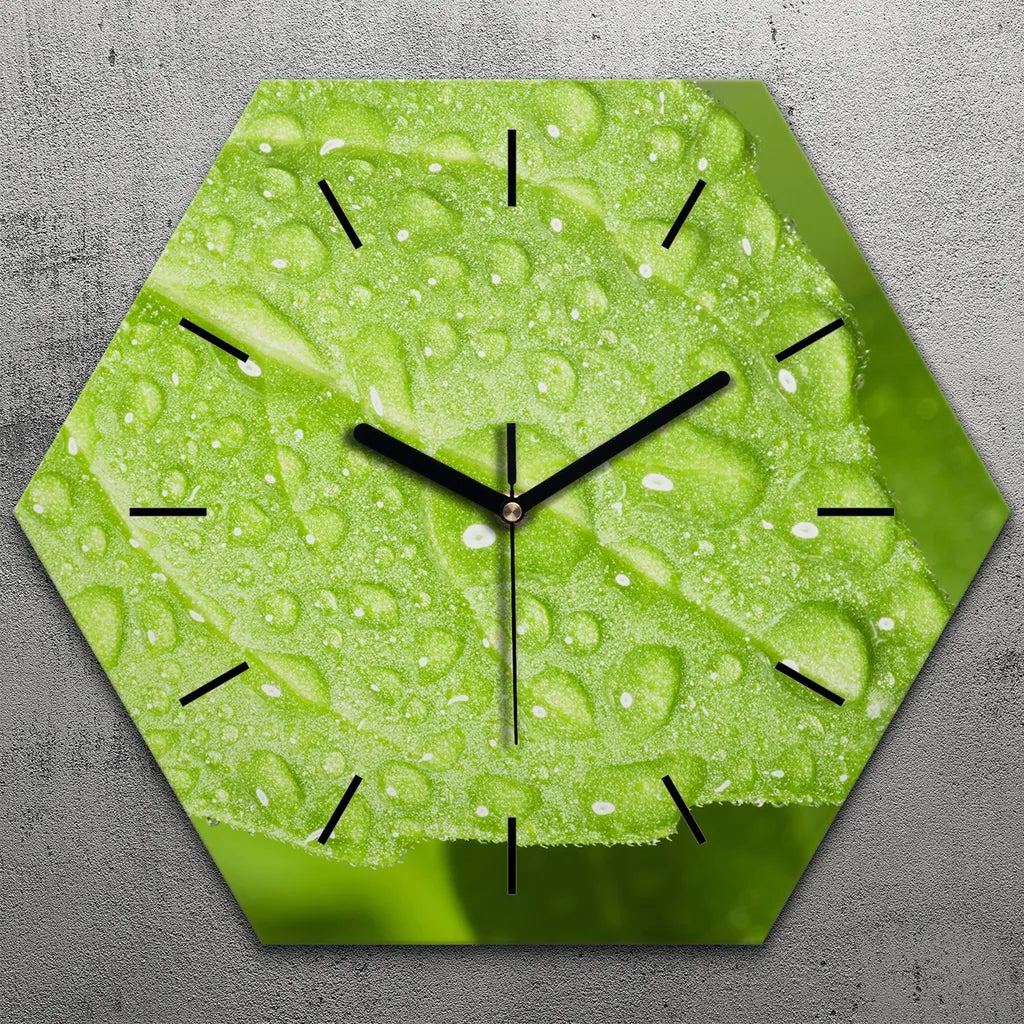  Uhr Hexagonal 40 Cm Glas Geräuschlos Schwarze Zeiger - Grünes Blatt Des Basilikums