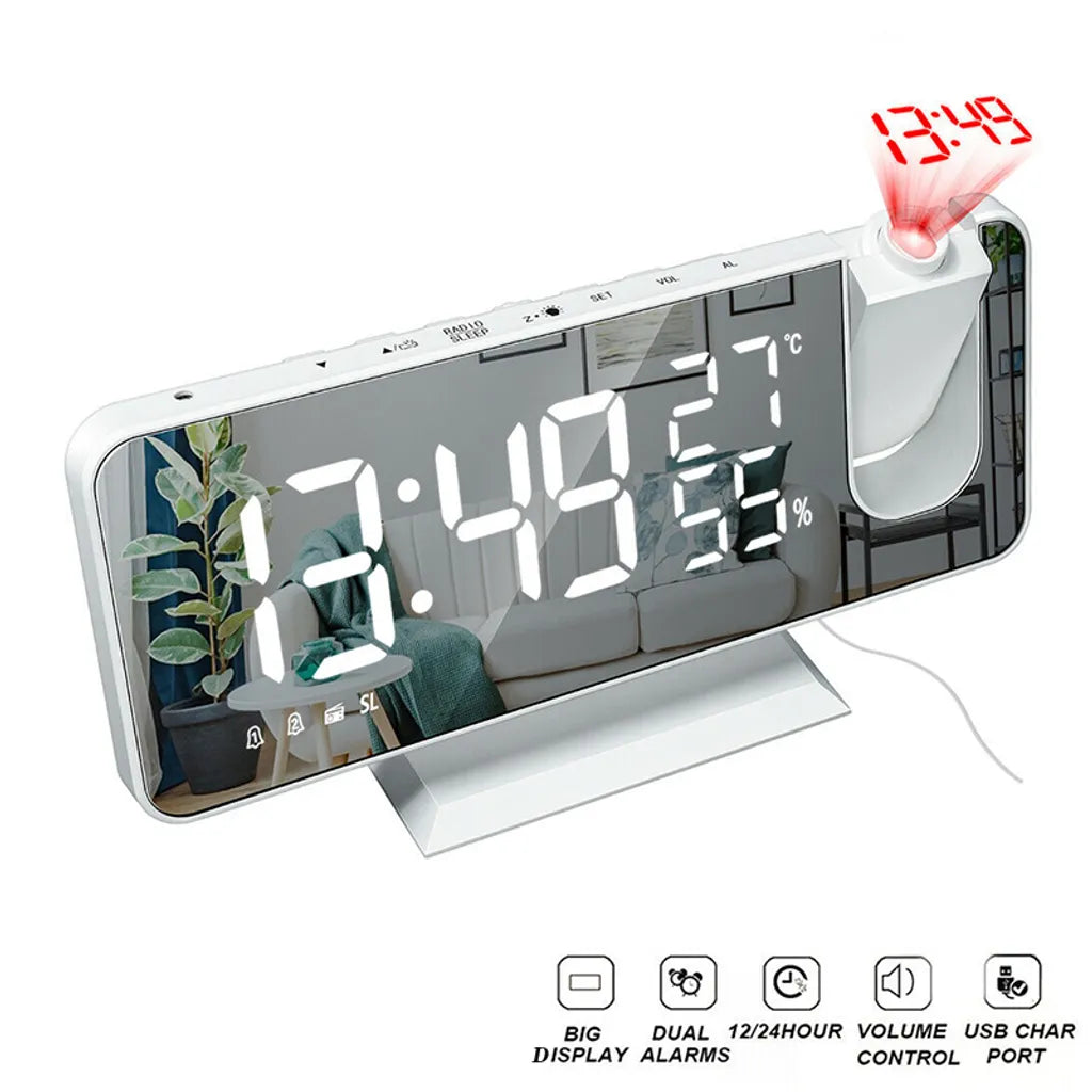  1x NEUER Digitaler LED-Projektionswecker ， (Weiß: Weiße Wörter) Mit FM-Radio-Snooze