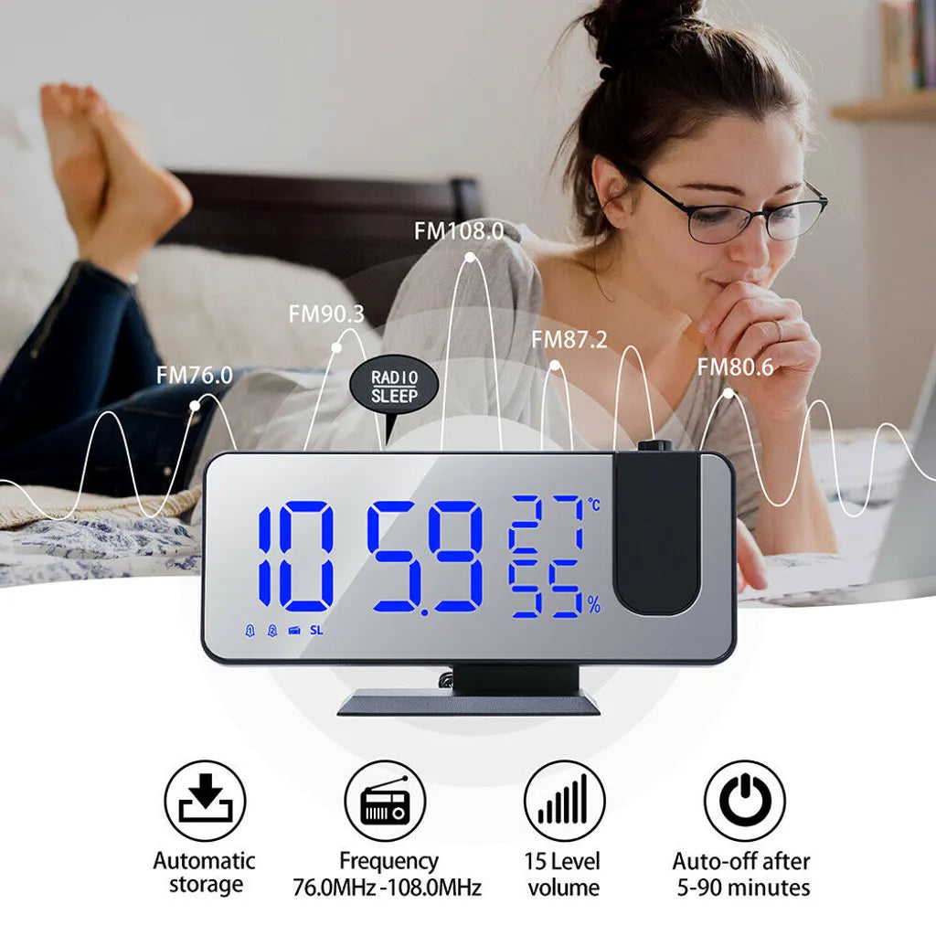  1x NEUER Digitaler LED-Projektionswecker ， (Weiß: Weiße Wörter) Mit FM-Radio-Snooze