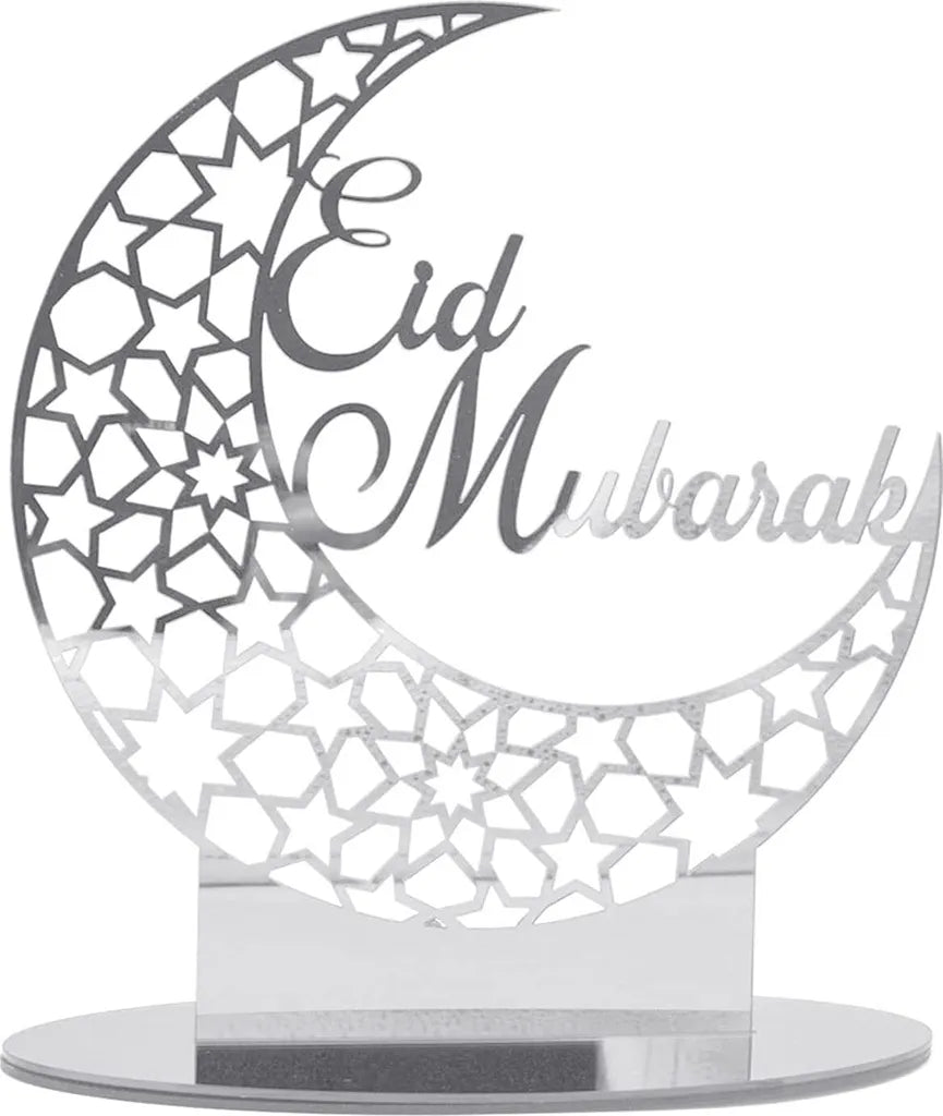  3x Ramadan Eid Mubarak Dekorationen Eid Mubarak Acryl Ornamente Mond Sterne,Muslim Festival Dekorationen, Silber