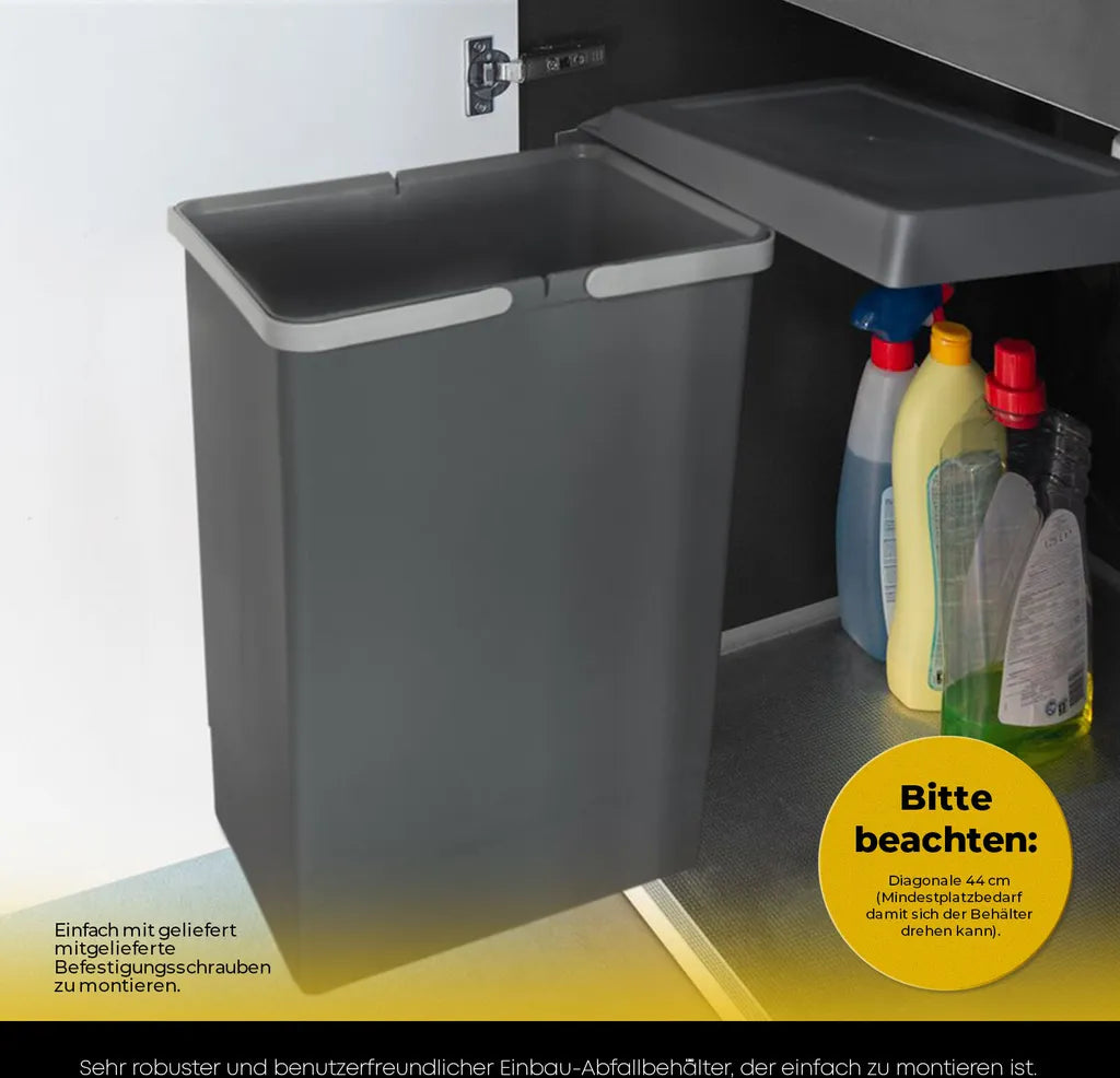  Eleganca Einbaumülleimer 1x 24L – Ausziehbarer Abfalleimer Küche – Einbauabfalleimer Trennsystem – Mülleimer – Abfallsammler Grau – B34,1 X T26 X H46,6 Cm