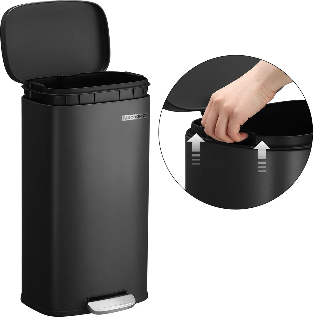  SONGMICS Mülleimer, 30 L Abfalleimer Mit Pedal, Treteimer Mit Inneneimer Aus Kunststoff, Für Die Küche, Klappdeckel, Softclose, Geruchsdicht Und Hygienisch, Schwarz LTB03BK