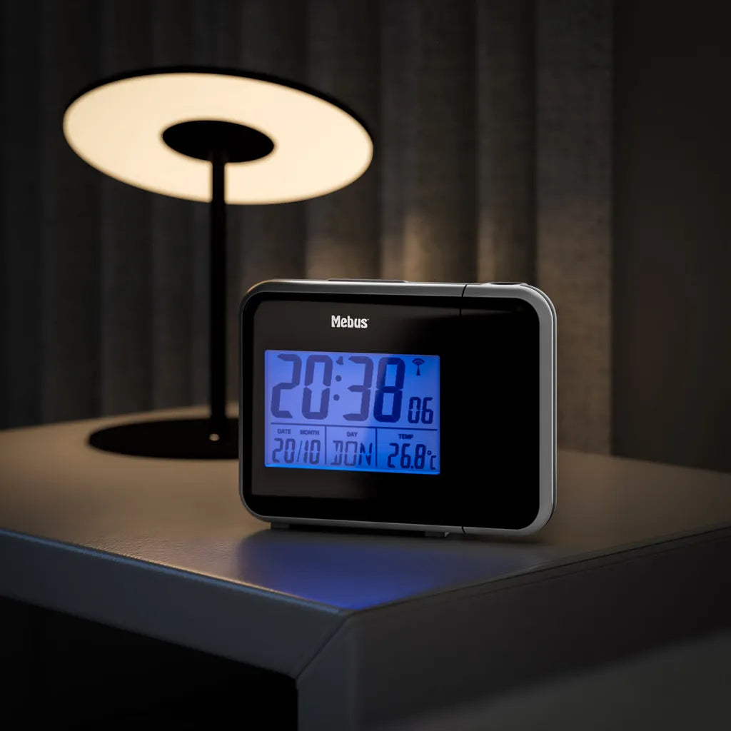  Mebus Funk-Wecker Mit Projektion Und Thermometer / Funkuhrwerk – Stellt Sich Vollautomatisch Ein / Schwenkbarer Projektor / Farbe: Schwarz / Modell: 42425