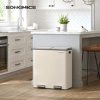  SONGMICS Mülleimer, 2 X 30 L, 2 Fächer, Mülltrennsystem, Treteimer, Abfalleimer Küche, 15 Müllsäcke, Aus Metall, Inneneimer Aus Kunststoff, Klappdeckel, Softclose, Luftdicht, Cremeweiß LTB060A01