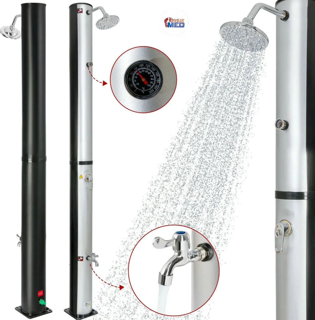  AREBOS Solardusche 40 Liter, Inklusive Abdeckhaube, Mit Integriertem Thermometer, Mit Fußdusche, Mit Gartenschlauch-Anschluss, Silber-Schwarz