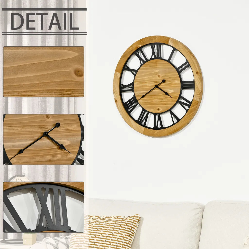  HOMCOM Wanduhr 60 Cm Mit Römischen Ziffern, Uhrwerk Im Vintage-Design, Geräuschlose Dekoration Für Wohnzimmer Küche Metall Tannenholz Schwarz+Natur