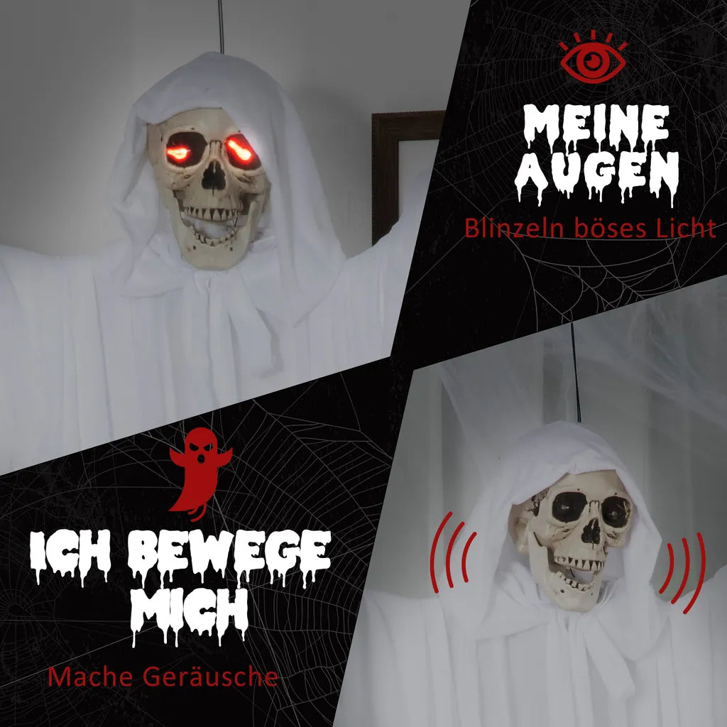  Outsunny 153 Cm Halloween Deko Horror Gespenst Hängend Geist Gespenst Augenglühen Mit Spezialeffekten Und Soundfunktion Weiß