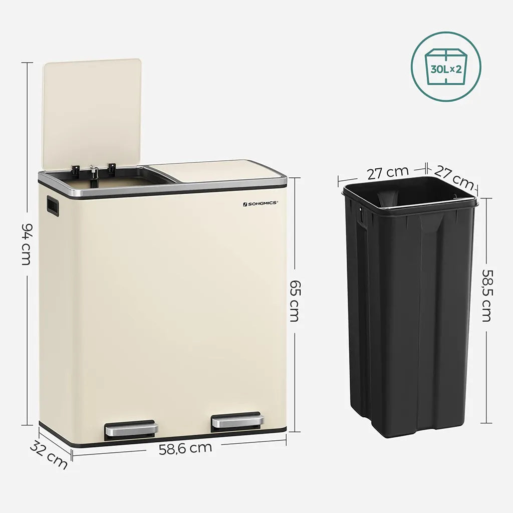  SONGMICS Mülleimer, 2 X 30 L, 2 Fächer, Mülltrennsystem, Treteimer, Abfalleimer Küche, 15 Müllsäcke, Aus Metall, Inneneimer Aus Kunststoff, Klappdeckel, Softclose, Luftdicht, Cremeweiß LTB060A01
