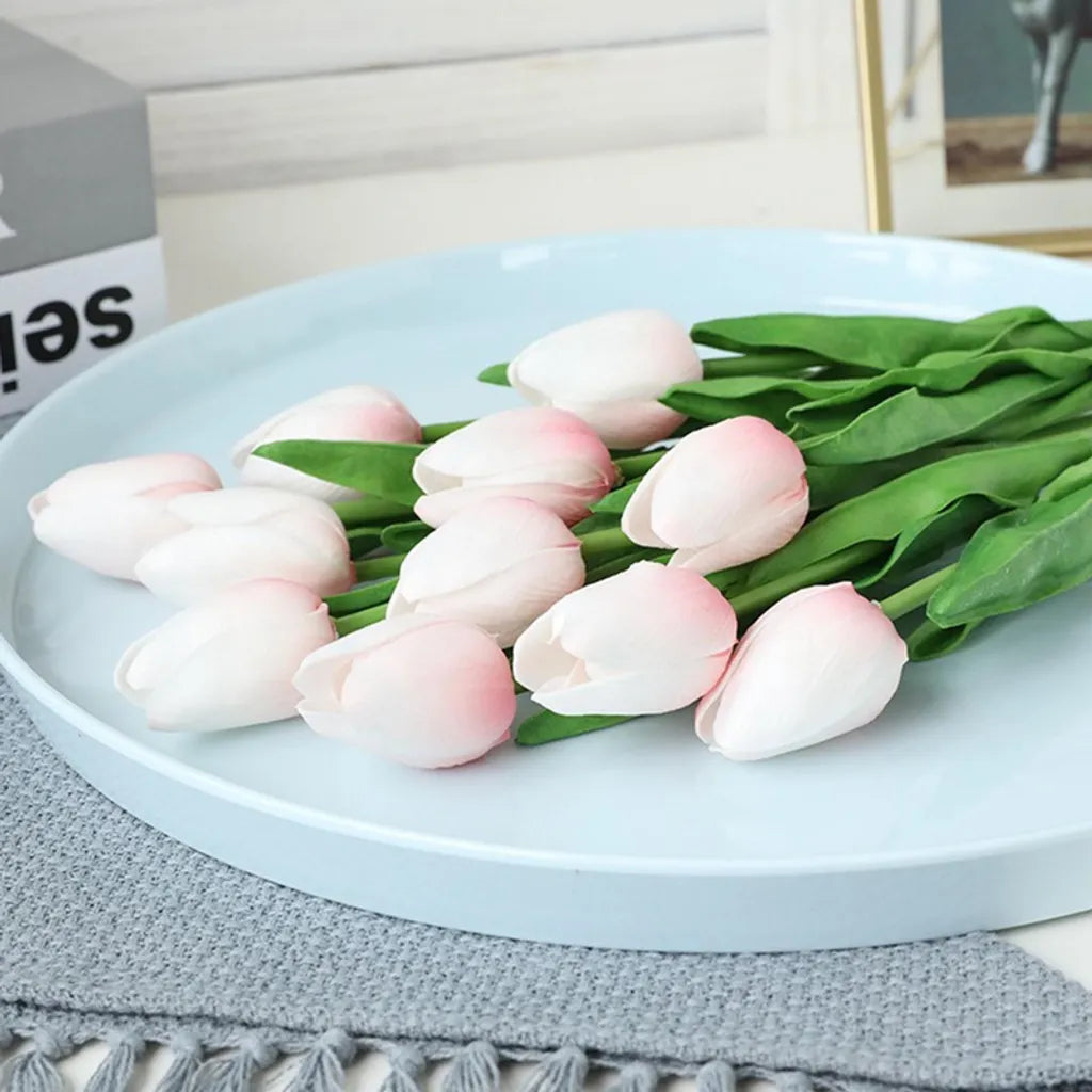  10er Künstliche Tulpe Blume Kunstblumen Gefälschte Blumen Bukett Künstlich Tulpe Puder Weiß