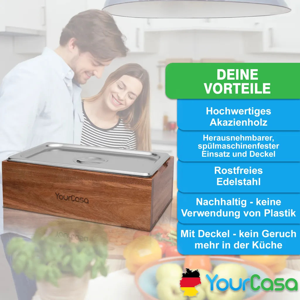  YourCasa® Komposteimer - Akazien Holz Box - Biomülleimer Küche - Spülmaschinenfest - Geruchsdicht- Herausnehmbarer Edelstahl Einsatz -Mülleimer Küche Mit Deckel Biomüll