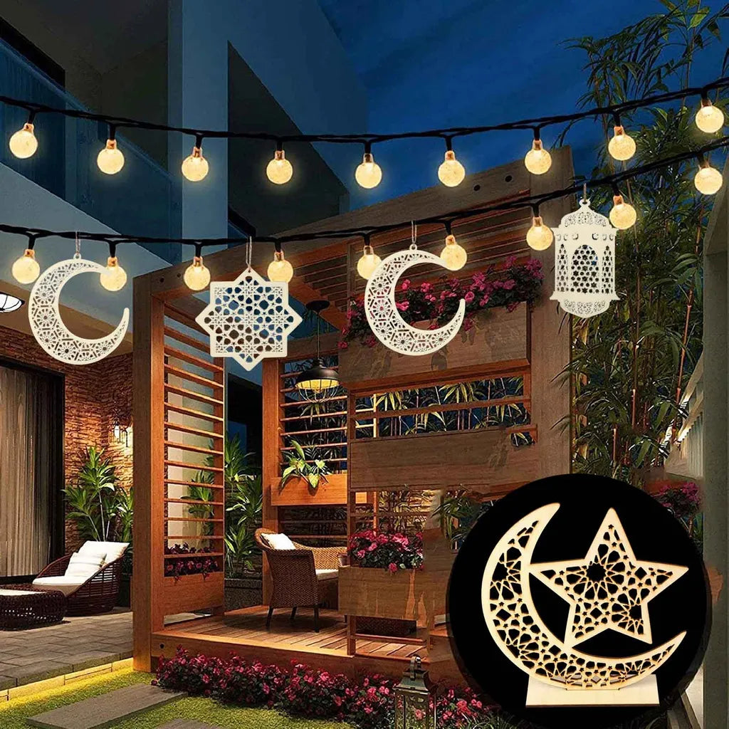  4 Stücke Holz Anhänger Ornament Ramadan Mubarak Eid Kareem Dekoration Mond Sterne Wind Licht Form Anhänger Ornament Für Ramadan Dekorationen