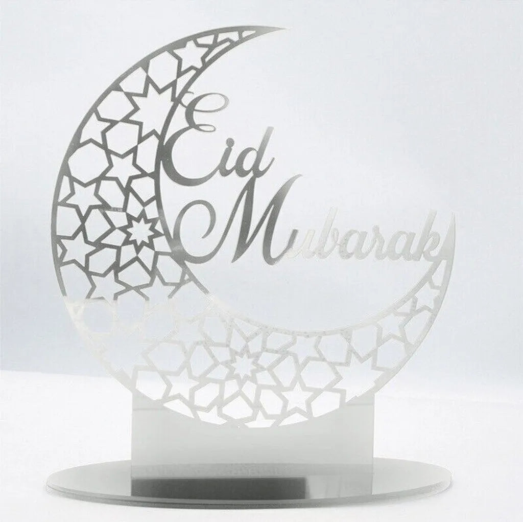  3x Ramadan Eid Mubarak Dekorationen Eid Mubarak Acryl Ornamente Mond Sterne,Muslim Festival Dekorationen, Silber
